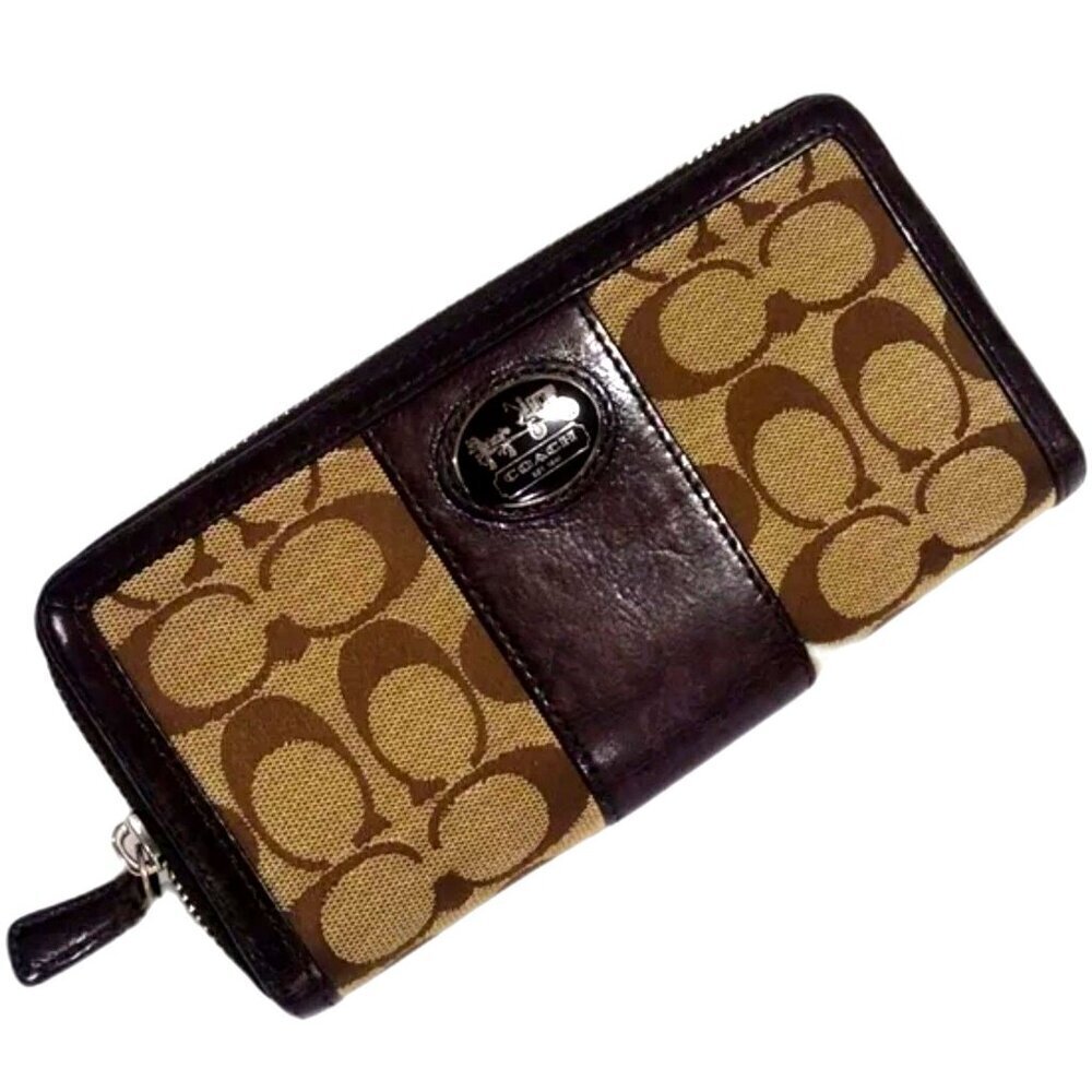 Coach Brown Canvas & Leather Trim Long Wallet – Round Zipper, Signature Logo